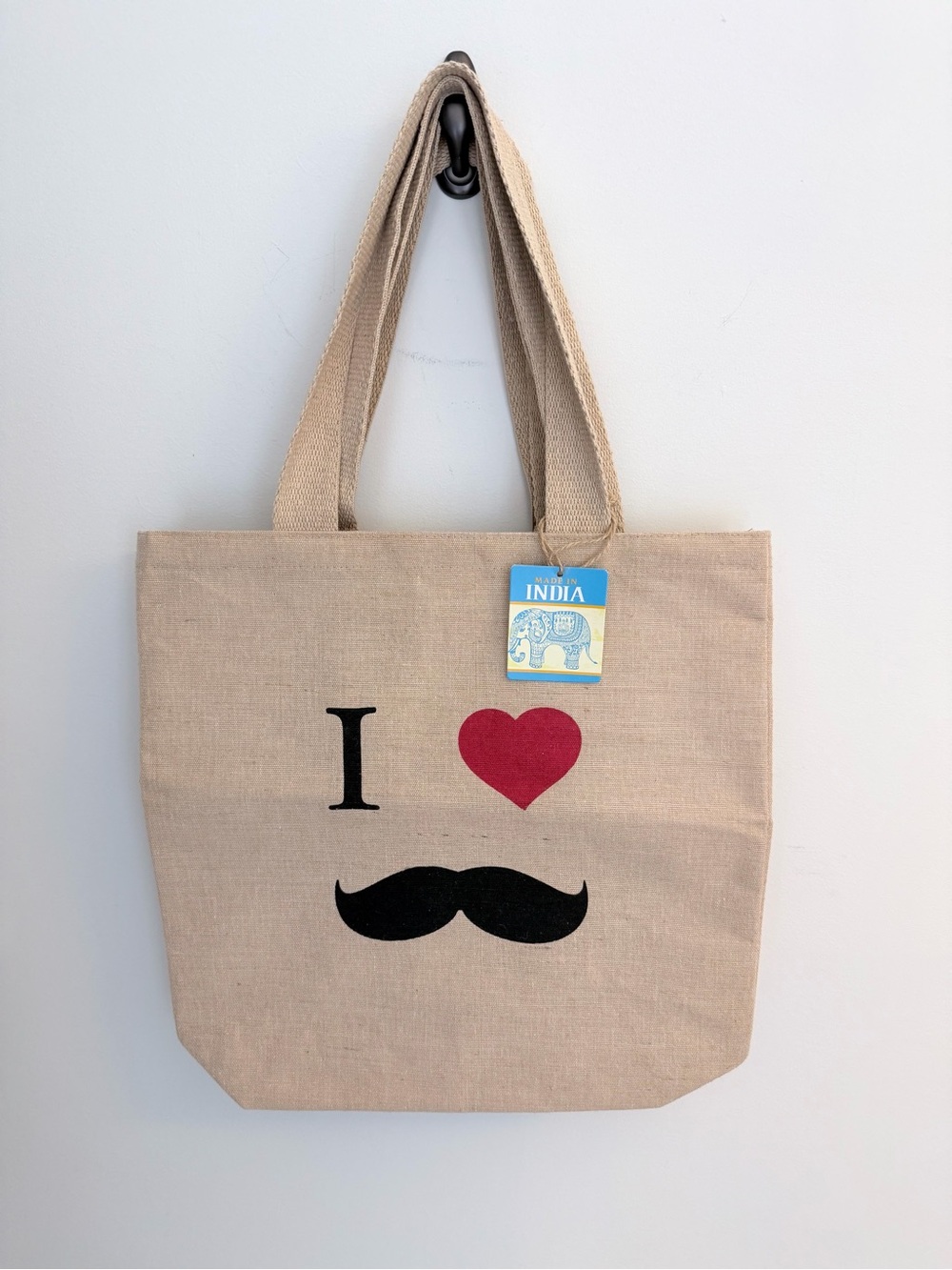 NWT 2 Beige 'I ❤️ mustache” Canvas Tote Bags